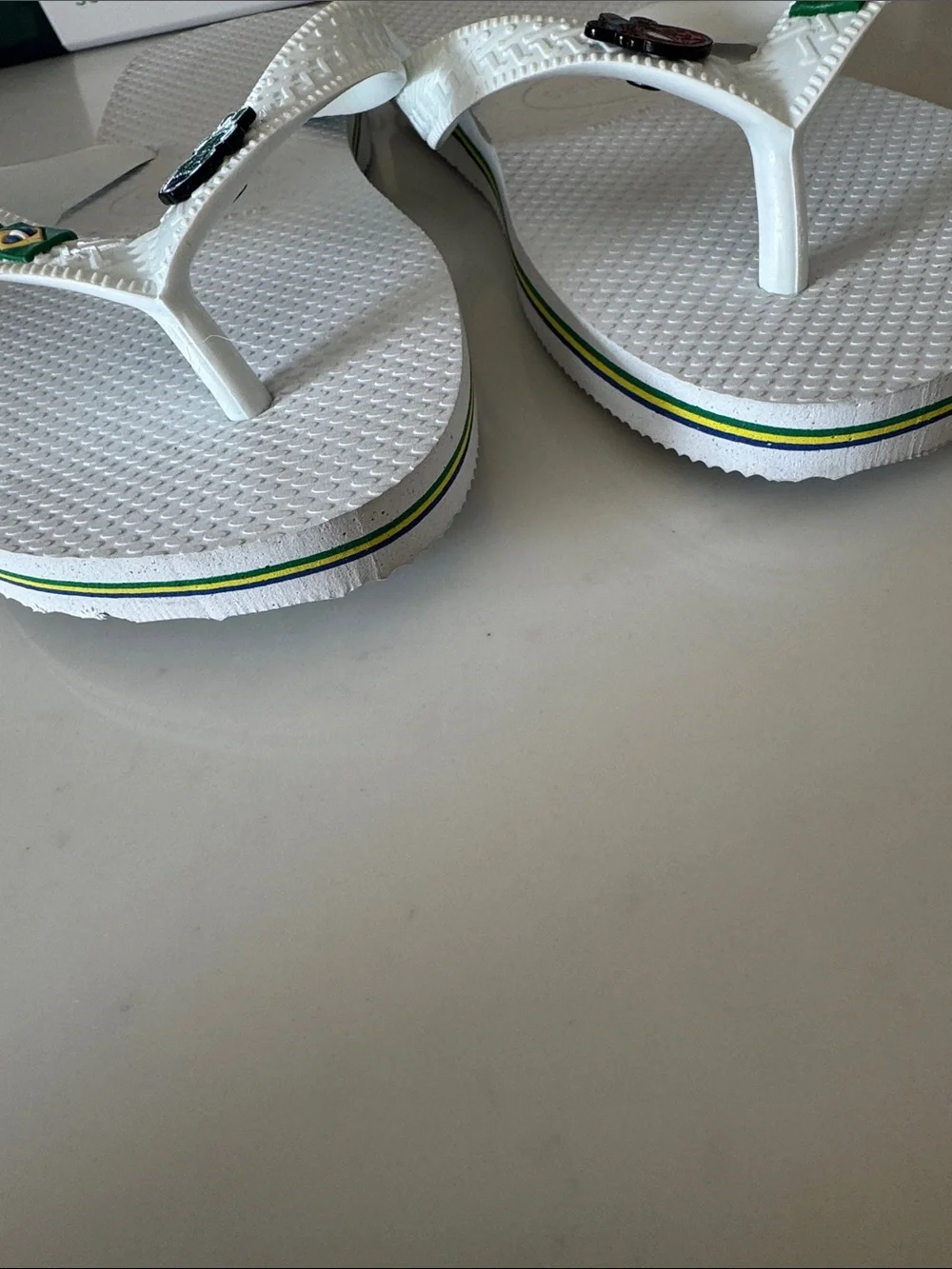 Havaianas Kids White Flip Flops with Brazil Flag and Superhero Charms